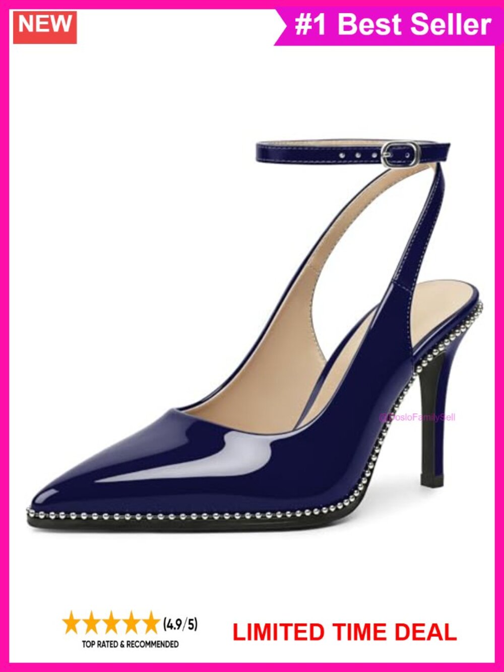 Slingback Heels Ankle Strap Pointed Toe Stiletto Beaded Patent Leather Pumps